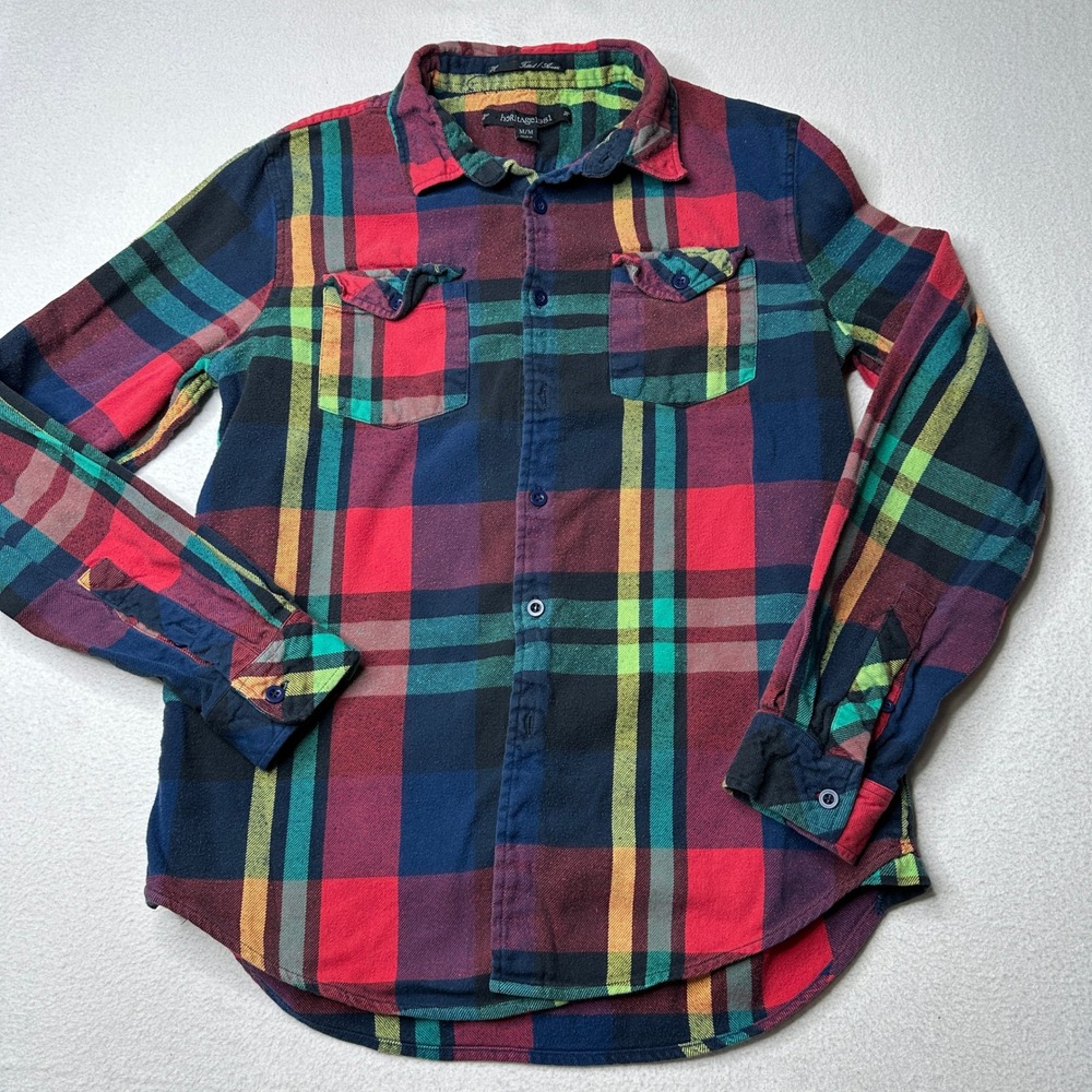 Heritage 1981 Womens Multicolor Plaid Flannel Button Down Shirt Red Blue Green M